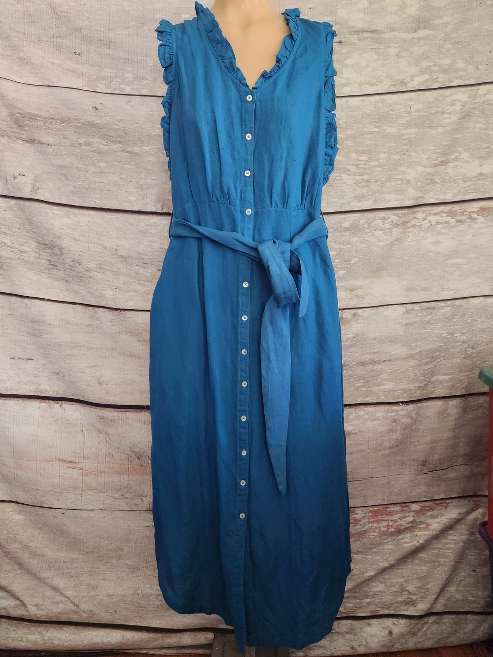 Sundance Teal-Blue Linen Sleeveless Button-Front Maxi Dress with Waist Tie
